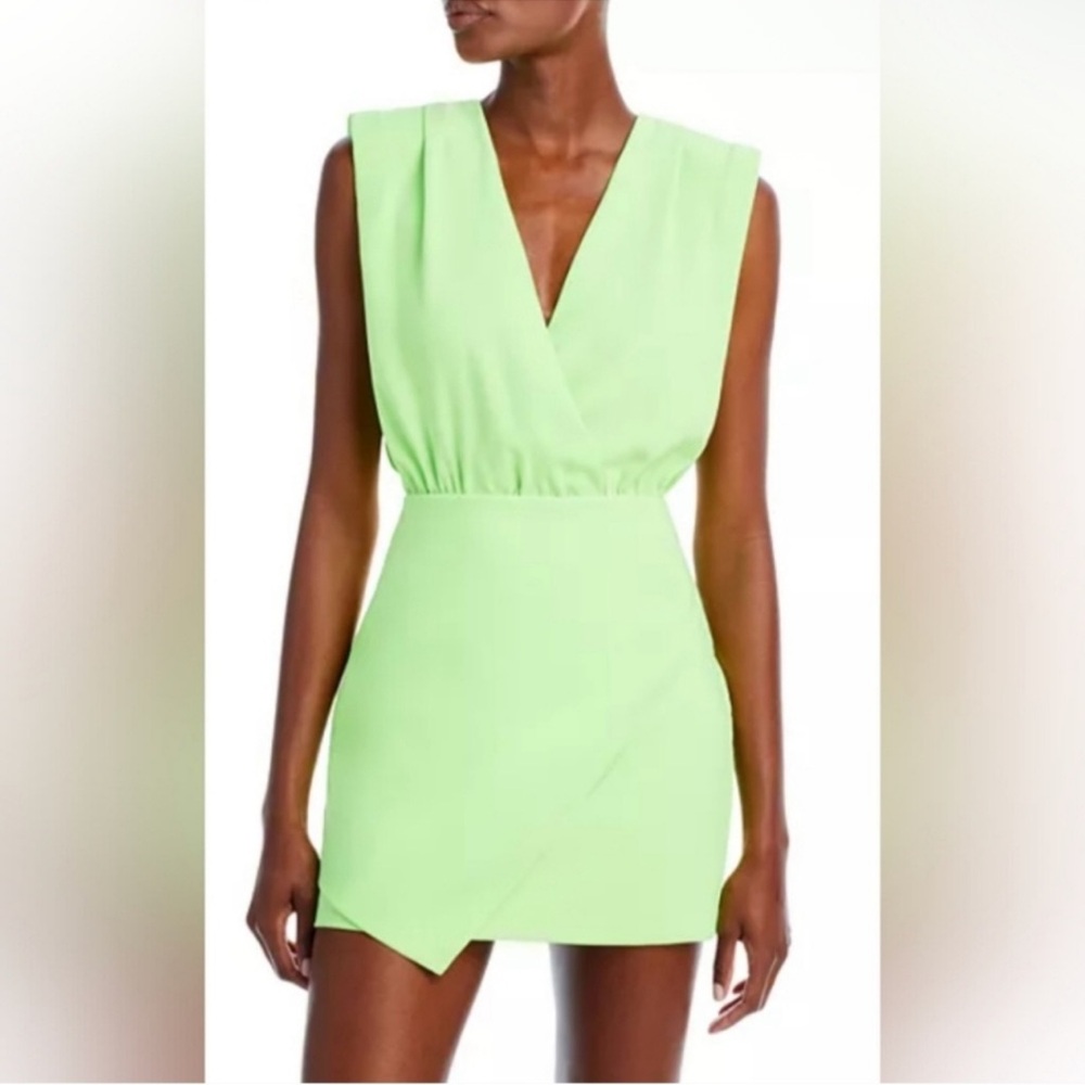 Amanda Uprichard Contessa Mini Dress Sleeveless Limeade Faux Wrap Deep V